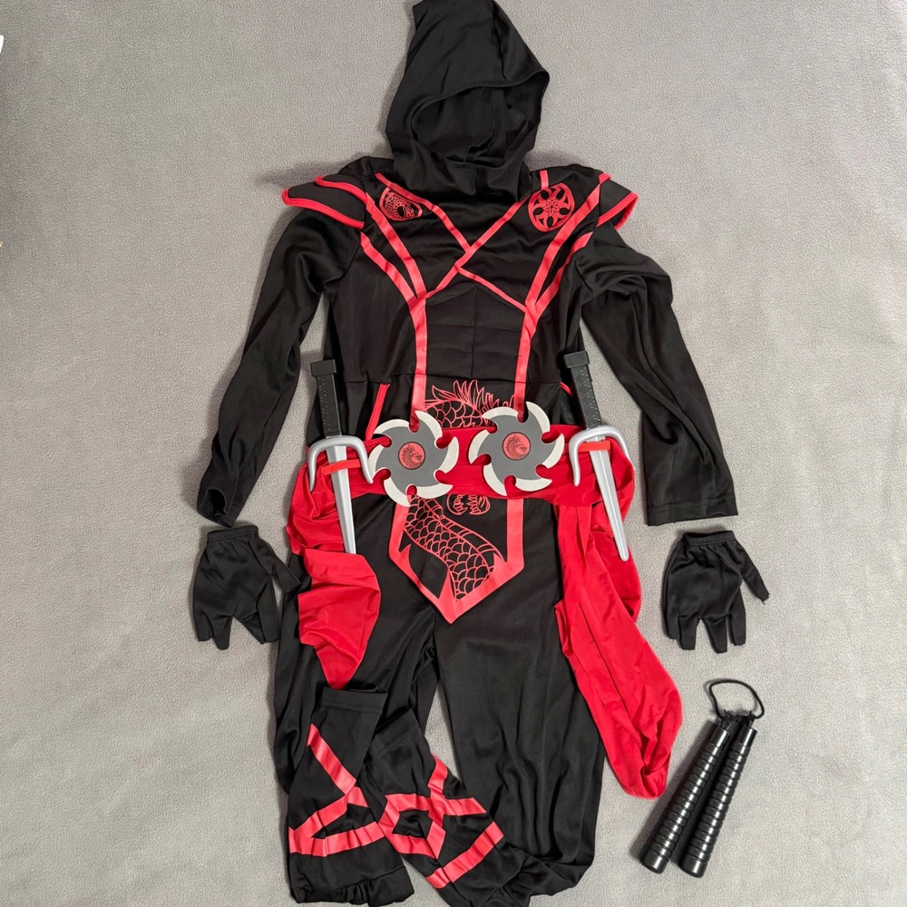 Unbranded Ninja Costume Kids Medium Black Red Good Jumpsuit With Toy Weapons Set